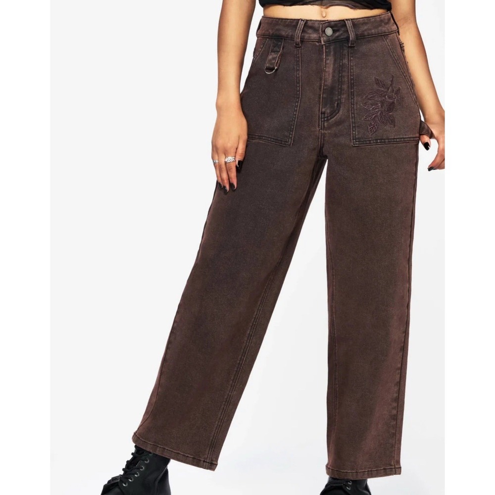 Disturbia Echo Autumnal Leaf Embroider Pocket Detail Cropped Brown Jeans Size 28